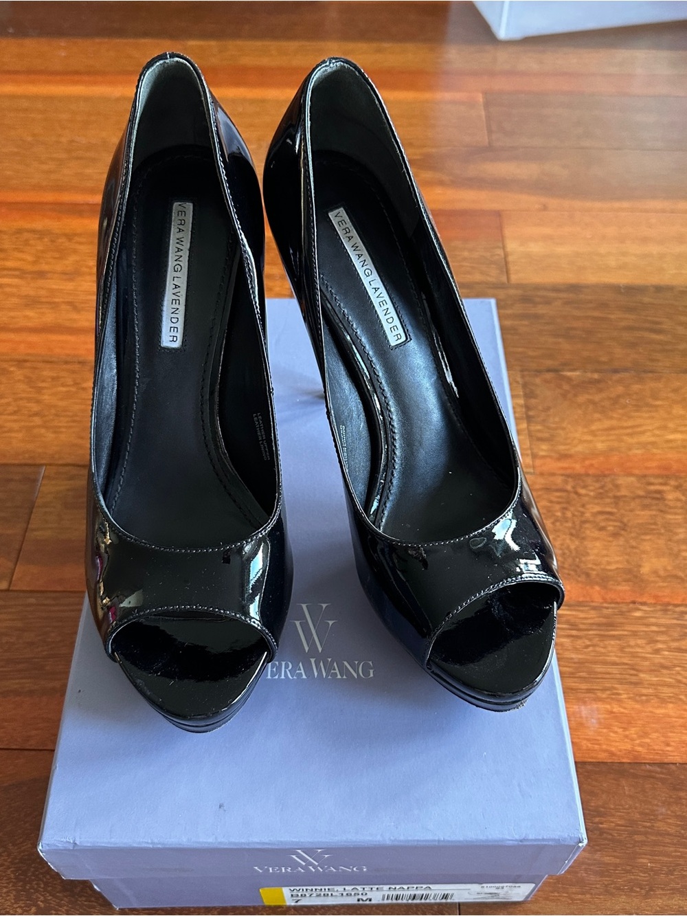 Vera Wang Lavender Label Black Patent Peep-Toe Platform Heels - Picture 6 of 6